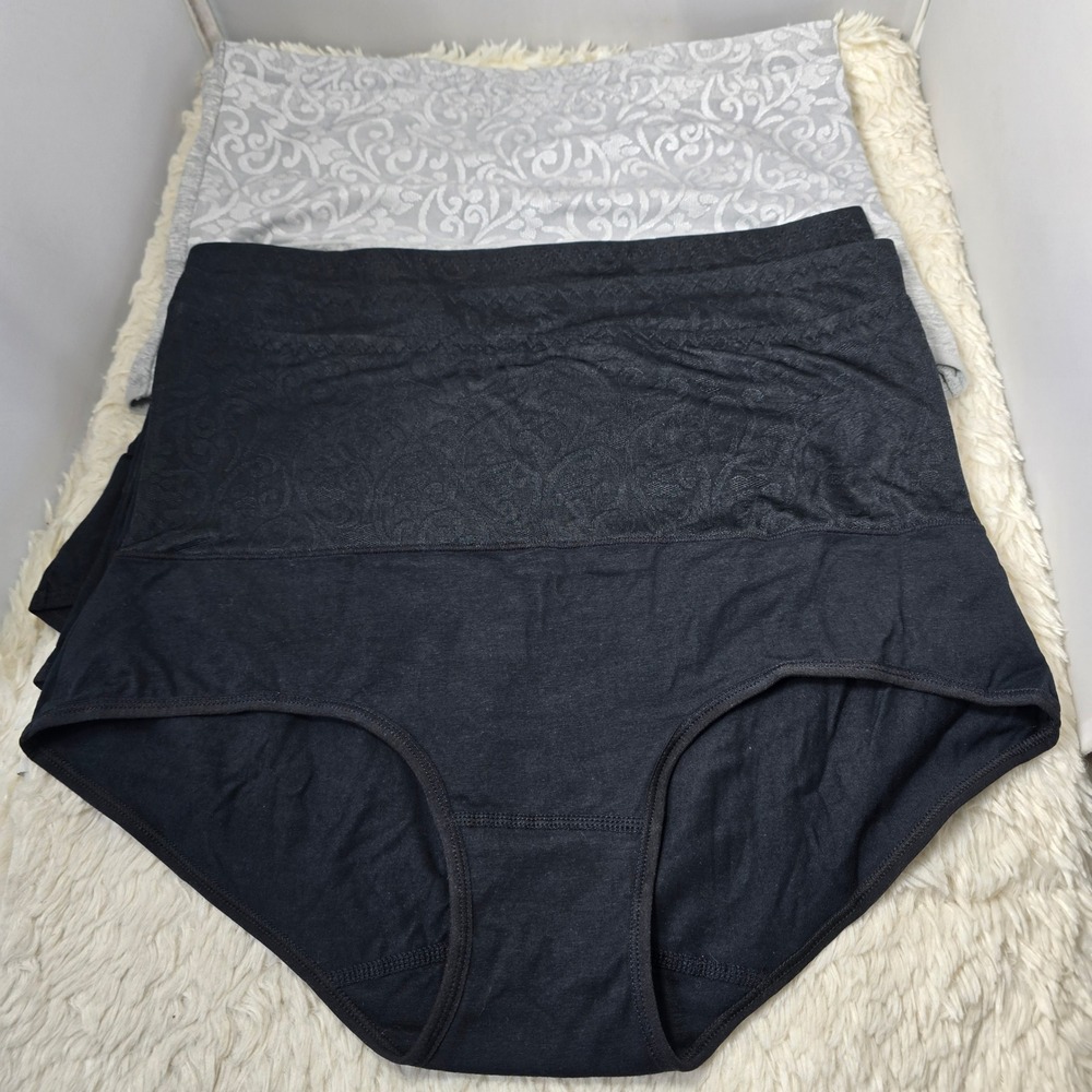 High Waist Control Top Briefs 4 Pack Women L Black Gray Jacquard Stretch Soft